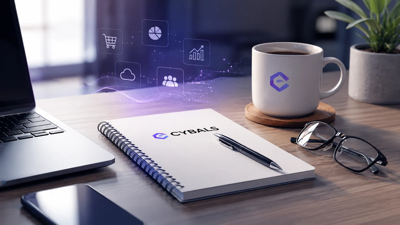 Workspace with laptop, notebook and digital business icons representing software strategy and business insights