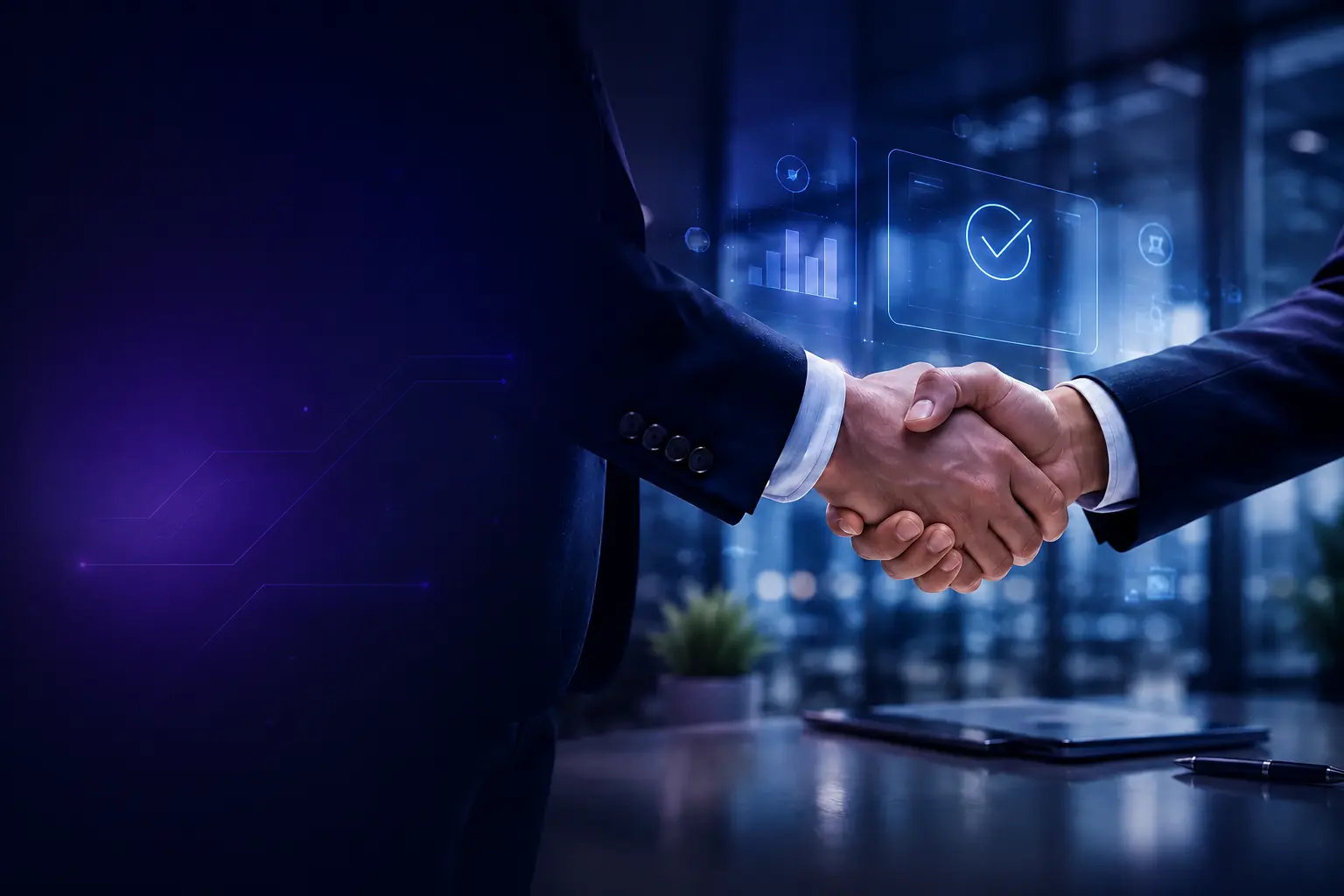 Business handshake representing project kickoff and software partnership with Cybals